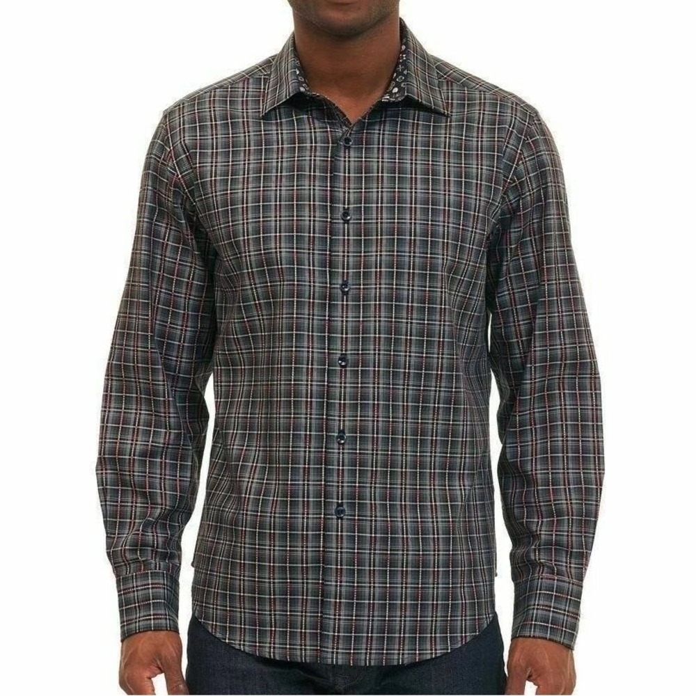 Robert Graham Men's L Gray Red Classic Fit Plaid Button Down Shirt Cotton
